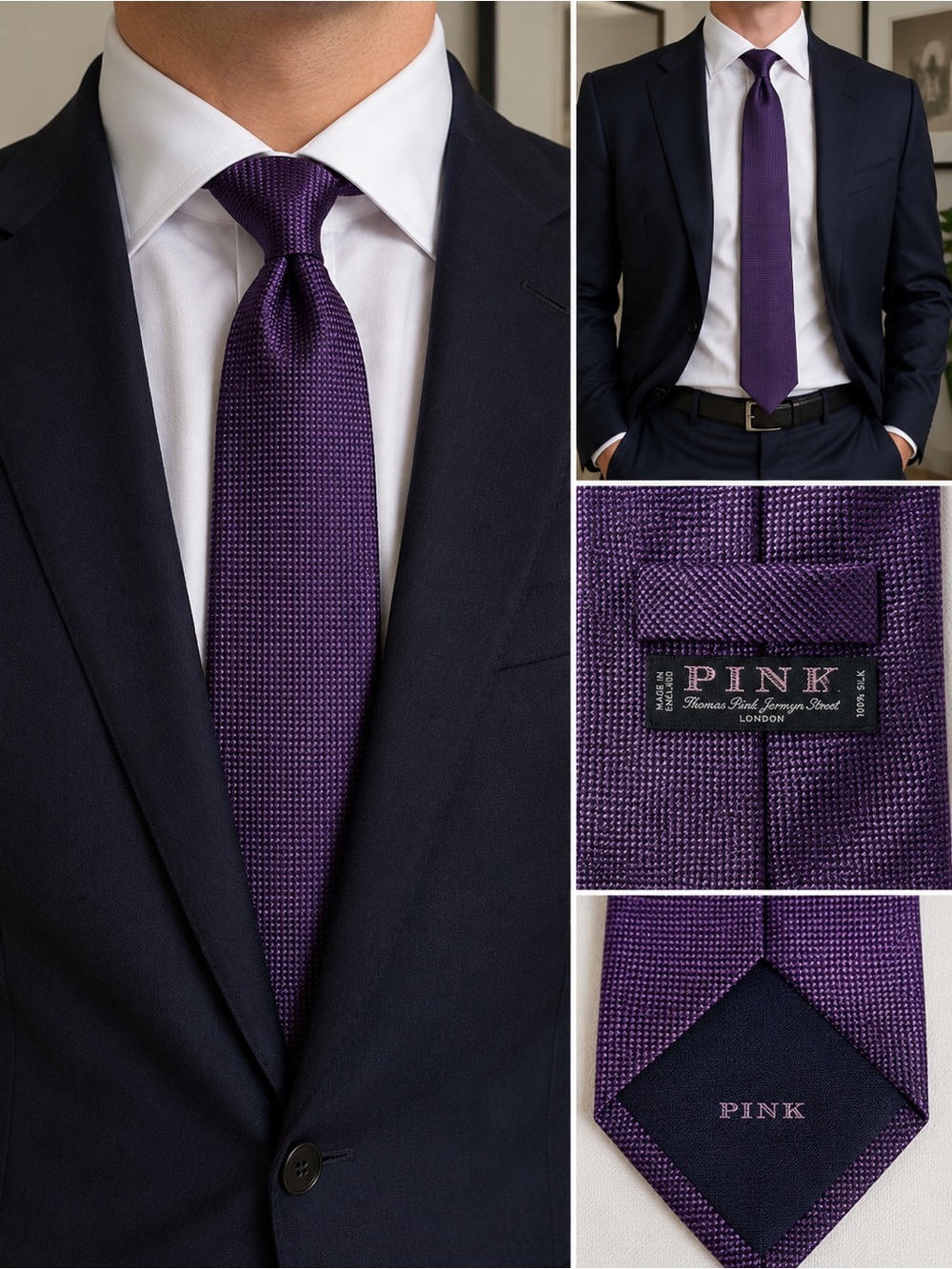 Thomas Pink London Purple Micro Check 100% Silk Tie Handmade England